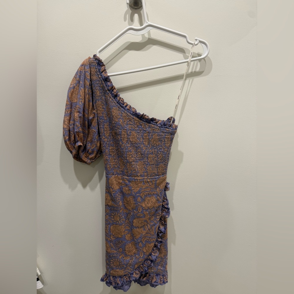 Cleobella One-Shoulder Floral Mini Dress in Blue and Brown